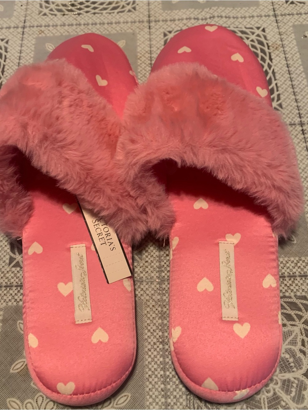 Victoria's Secret Pink Fuzzy Heart Slide Slippers
